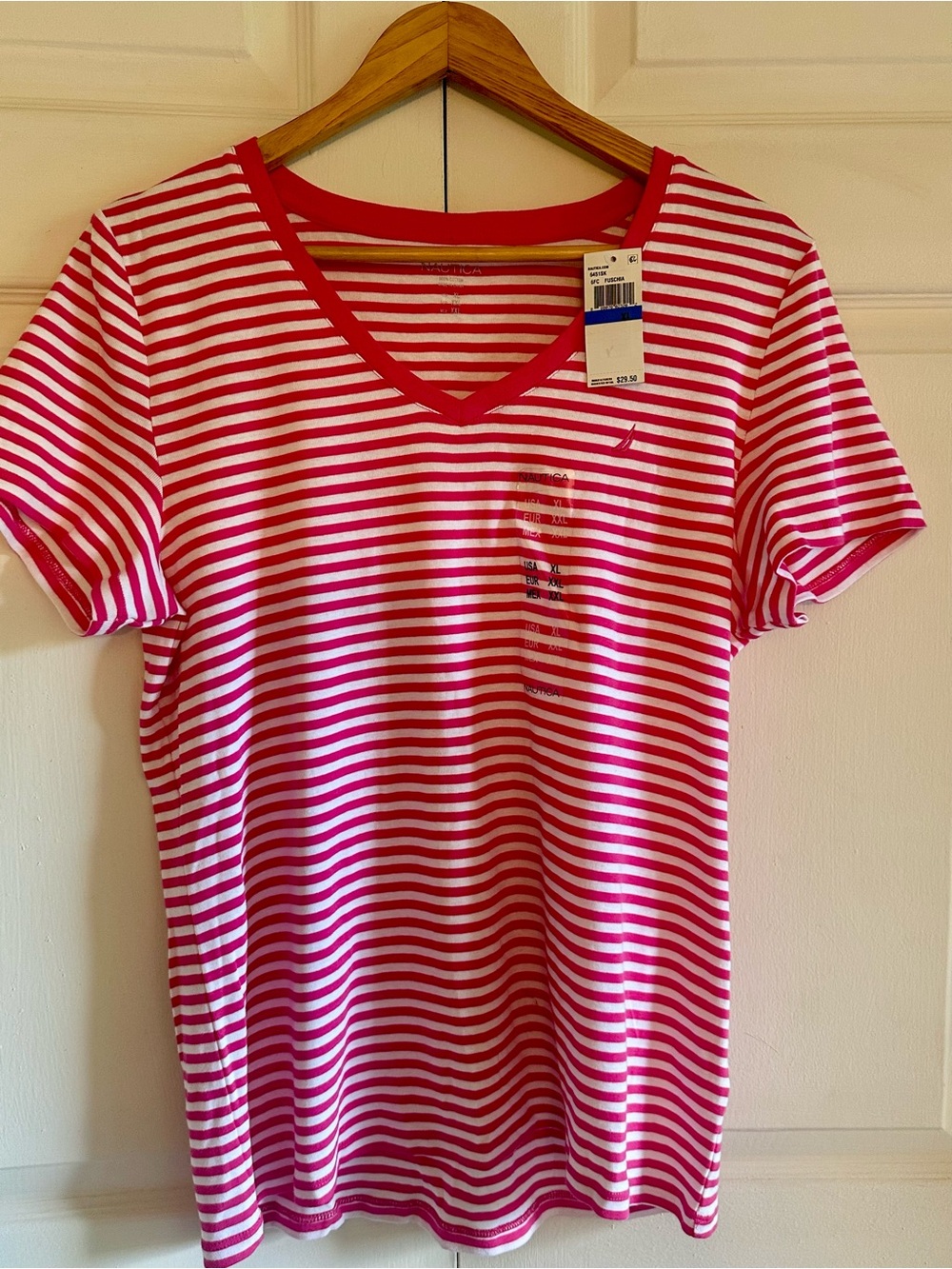 Nautica Pink & White Striped V-Neck Short Sleeve Tee